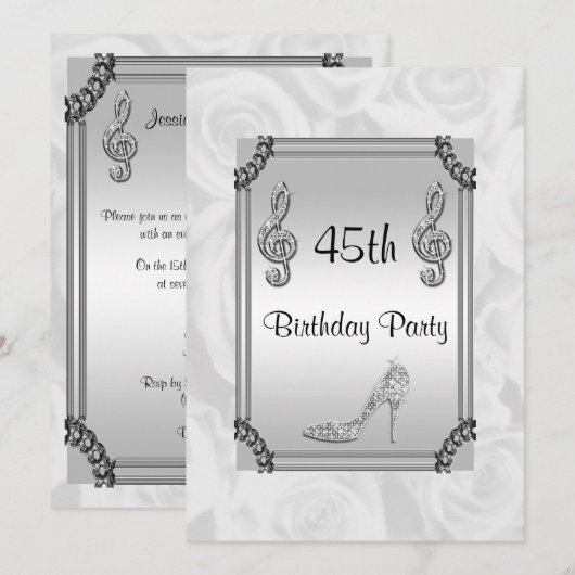 Carte d'invitation 45 ans, note de musique diamant (Devant / Derrière)