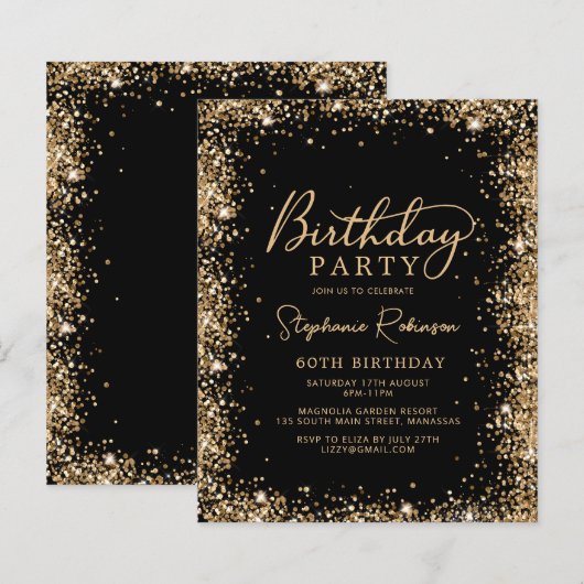 Carte d'invitation 60 ans Budget Black Gold Glitte (Devant / Derrière)