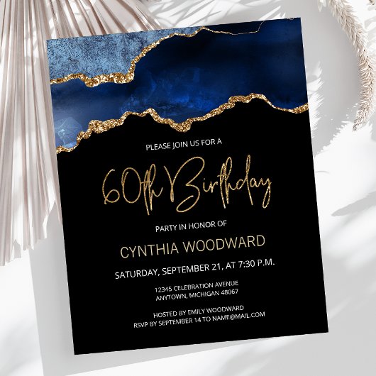 Carte d'invitation 60 ans Budget Blue Gold Agate
