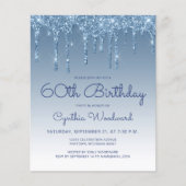Carte d'invitation 60 ans Budget Glitter Drip Bleu (Devant)