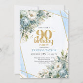 Carte d'invitation 90 ans Fleurs Bleues Dorées Bri (Devant)