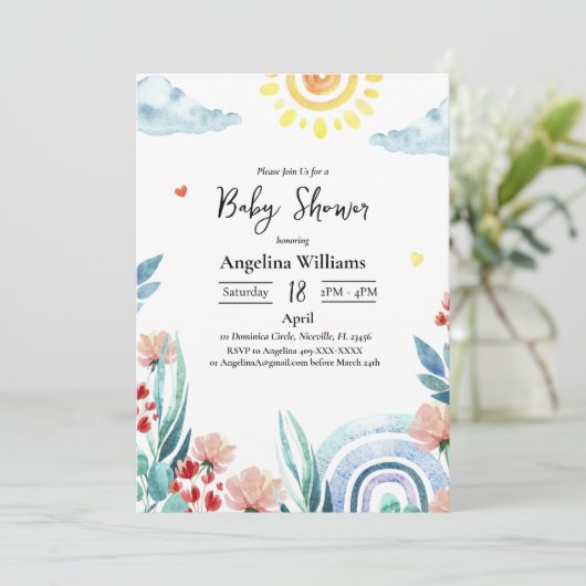 Carte d'invitation à baby shower plat avec design. (Debout devant)