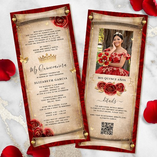 Carte d'invitation à défilement Quinceanera rouge 