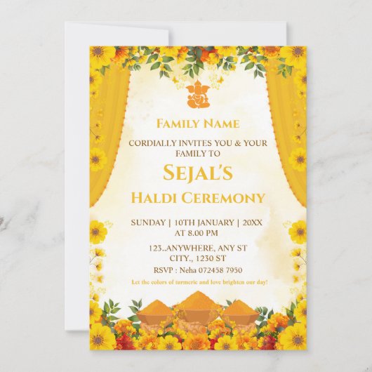Carte d'invitation à la cérémonie Haldi (Devant)