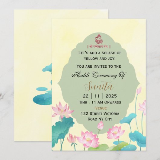 Carte d'invitation à la cérémonie Haldi d'un maria (Devant / Derrière)