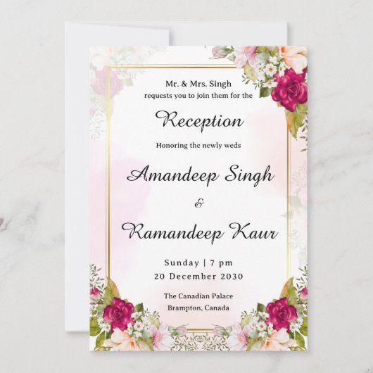 Carte d'invitation à la réception sikh à fleurs ro (Devant)