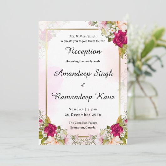 Carte d'invitation à la réception sikh à fleurs ro (Debout devant)