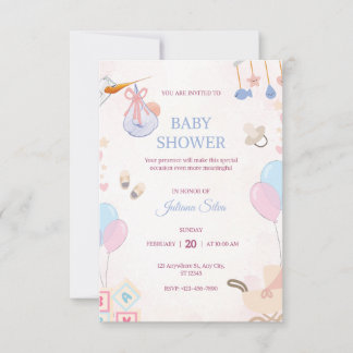 carte d'invitation à l'aquarelle rose et bleue