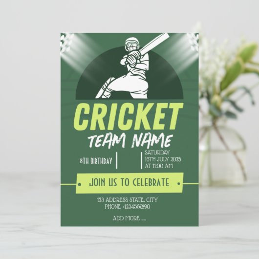 Carte d'invitation à thème de la fête de cricket (Debout devant)