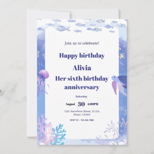 Carte d'invitation anniversaire de enfant sous-mar (Devant)