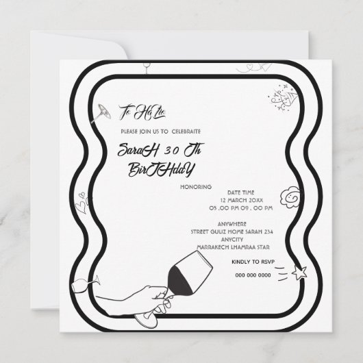 Carte d'invitation anniversaire modifiable dessiné (Devant)