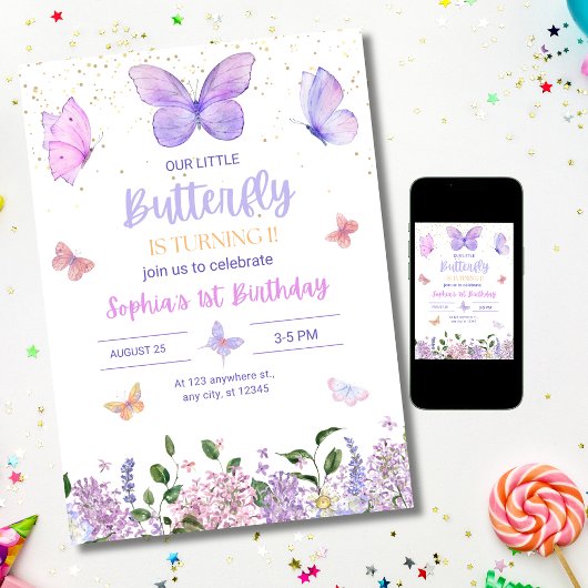 Carte d'invitation anniversaire Papillon, Jardin d