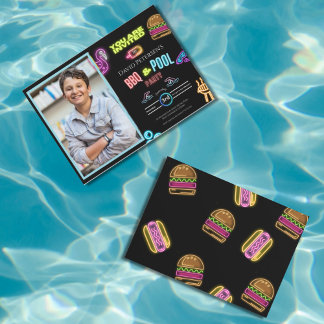 Carte d'invitation anniversaire photo néon BBQ et 