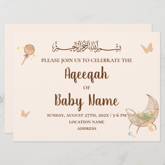 Carte d'invitation Aqeeqah Neutre Chic Modifiable (Devant / Derrière)