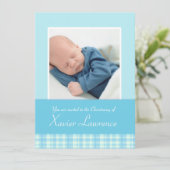 Carte d'invitation au baptême - chèque bleu (Debout devant)