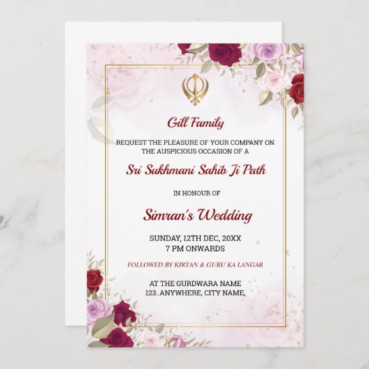 Carte d'invitation au Sukhmani Sahib Path (Devant / Derrière)