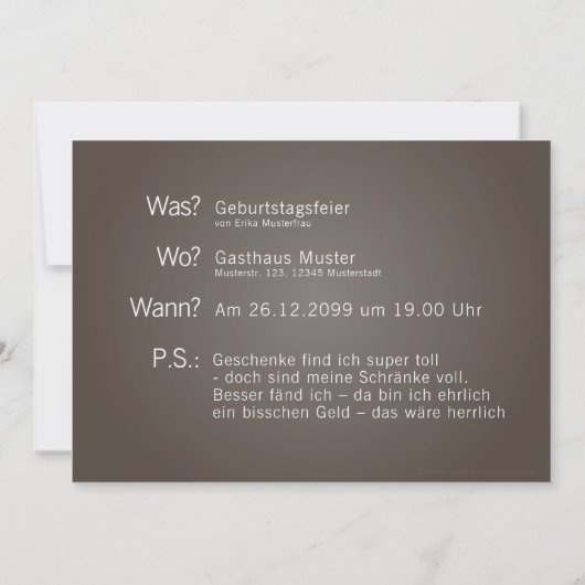 Carte d'invitation avec texte "Quoi? Quand? Où? P. (Dos)