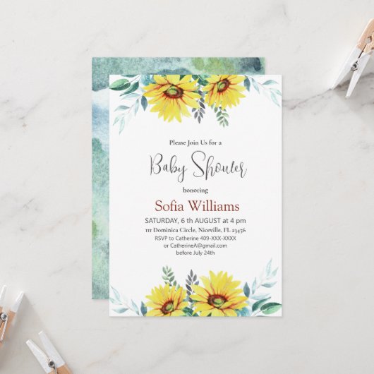 Carte d'invitation baby shower avec tournesol. (Devant/Arrière en situation)
