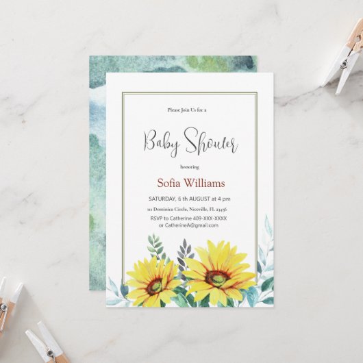 Carte d'invitation baby shower avec tournesol. (Devant/Arrière en situation)