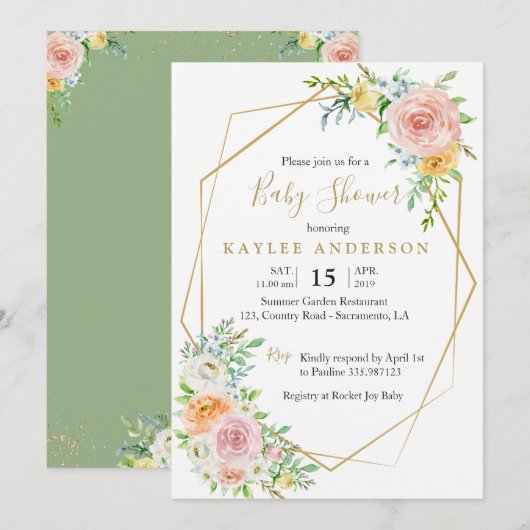 Carte d'invitation Baby shower or floral (Devant / Derrière)