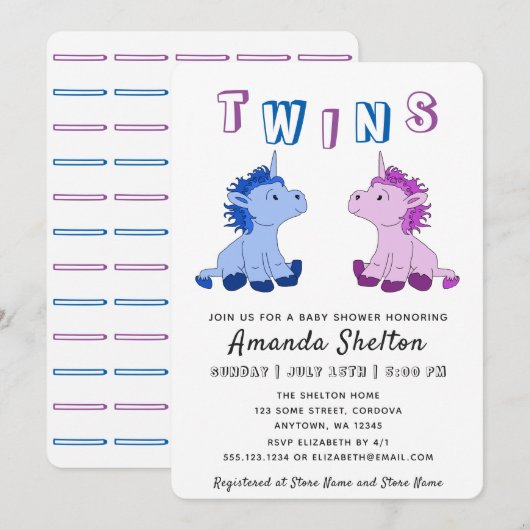 Carte d'invitation Baby shower Unicorn Twins (Devant / Derrière)