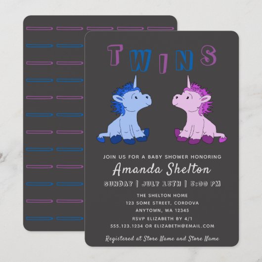 Carte d'invitation Baby shower Unicorn Twins (Devant / Derrière)