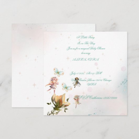Carte d'invitation bébé jardin de fées fantaisiste (Devant / Derrière)