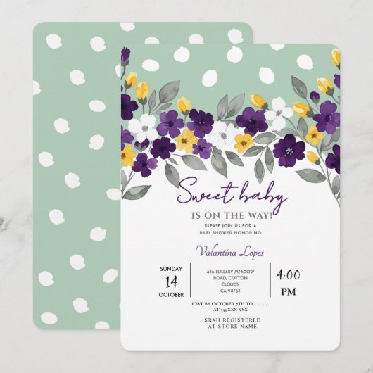 Carte d'invitation bébé pour une baby shower verte (Devant / Derrière)