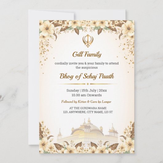 Carte d'invitation Bhog de Sehaj Path, Carte Bhog (Devant)