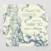 Carte d'invitation Bleu Floral 50e Anniversaire (Devant / Derrière)