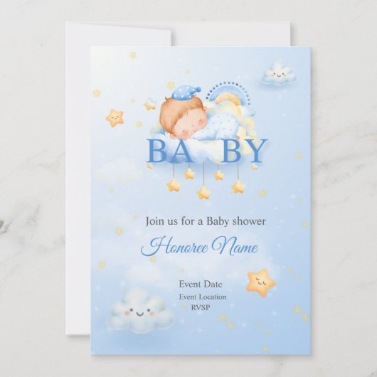 Carte d'invitation Bleue Baby shower (Devant)