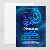 Carte d'invitation Blue Neon 30th Birthday Party (Devant / Derrière)