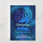 Carte d'invitation Blue Neon 60th Birthday Party (Devant)
