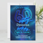 Carte d'invitation Blue Neon 60th Birthday Party<br><div class="desc">Blue Neon Birthday Party Invitation Card fait partie de la collection Neon Birthday Party. Ce produit est muni de panneaux de néon,  arrière - plan bleu. Fait principalement en bleu et blanc avec des polices décoratives. Explorez d'autres produits correspondants dans notre magasin.</div>