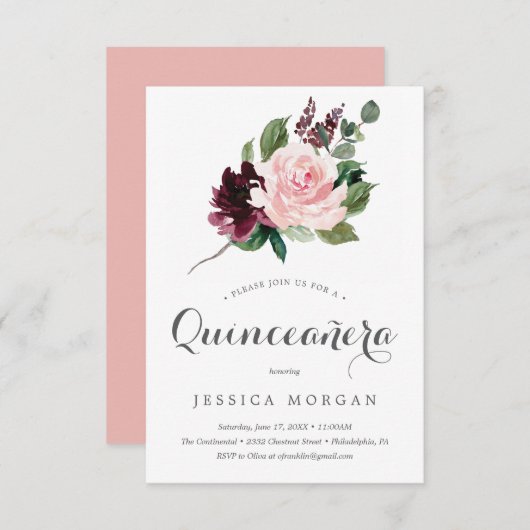 Carte d'invitation Blush Burgundy Quinceanera (Devant / Derrière)