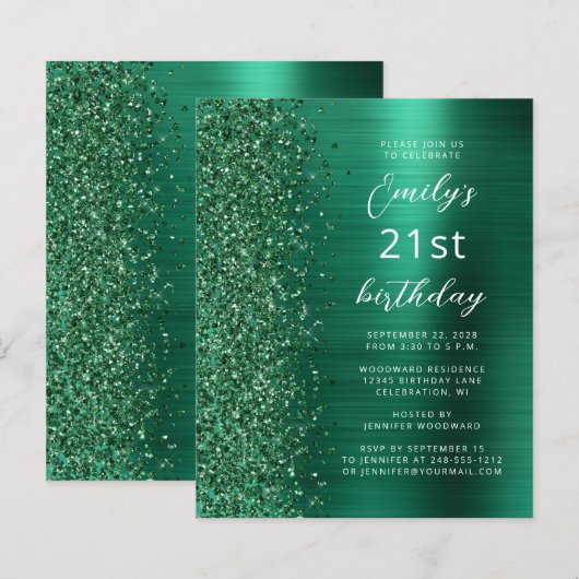 Carte d'invitation Budget Emerald Green Glam 21e a (Devant / Derrière)