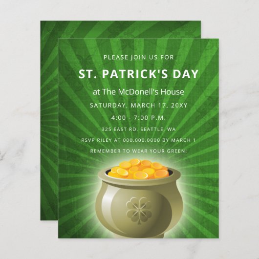 Carte d'invitation Budget Pot d'or St Patrick (Devant / Derrière)