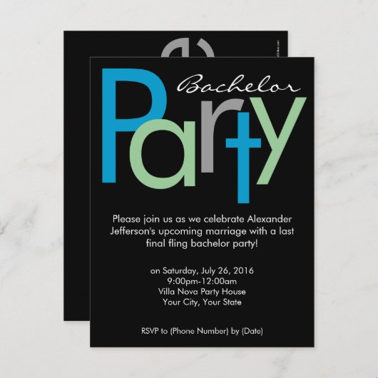 Carte d'invitation Chunky Block Bleu Noir pour l'e (Devant / Derrière)