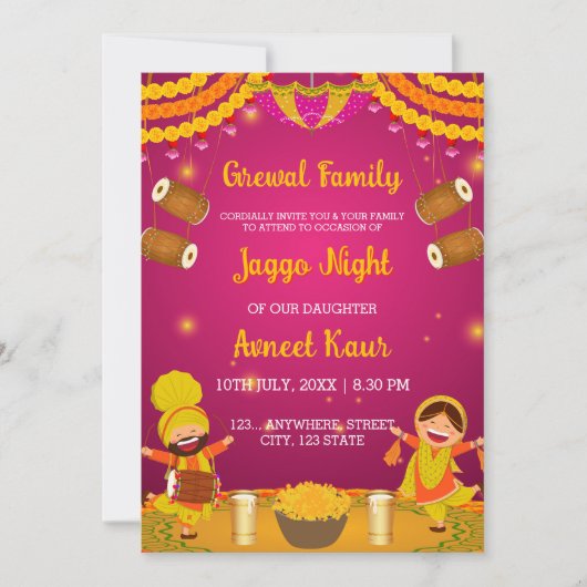 Carte d'invitation colorée pour la nuit de Jaggo (Devant)