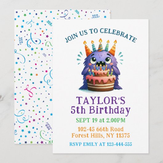 Carte d'invitation colorée pour un 5e anniversaire (Devant / Derrière)