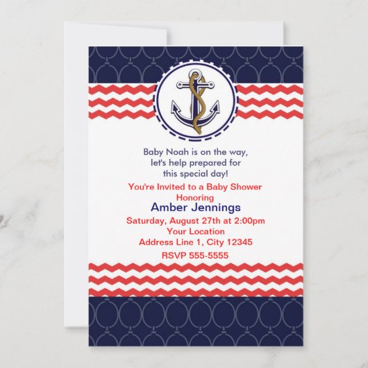 Carte d'invitation d'ancre à chevron nautique bleu (Devant)