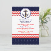 Carte d'invitation d'ancre à chevron nautique bleu (Debout devant)