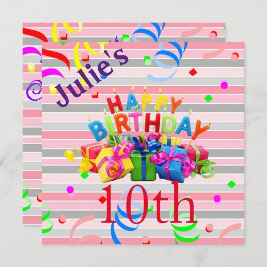 Carte d'invitation d'anniversaire à rayures (Devant / Derrière)