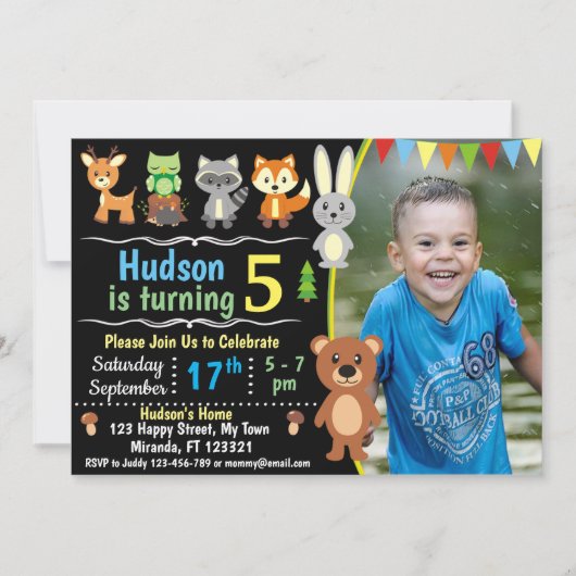 carte d'invitation d'anniversaire animaux de la fo (Devant)