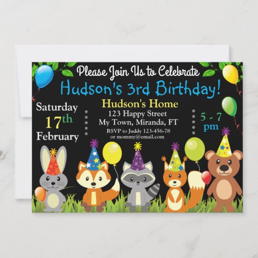 carte d'invitation d'anniversaire animaux de la fo (Devant)