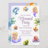 Carte d'invitation d'anniversaire aquarelle Sirène (Devant / Derrière)