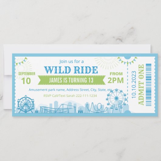 Carte d'invitation d'anniversaire au parc d'attrac (Devant)