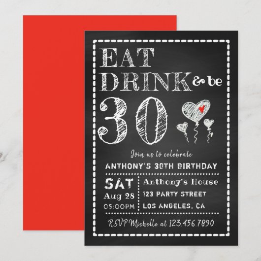 Carte d'invitation d'anniversaire avec tableau noi (Devant / Derrière)