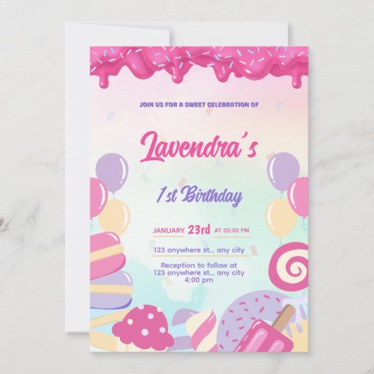 Carte d'invitation d'anniversaire bonbon pastel mi (Devant)