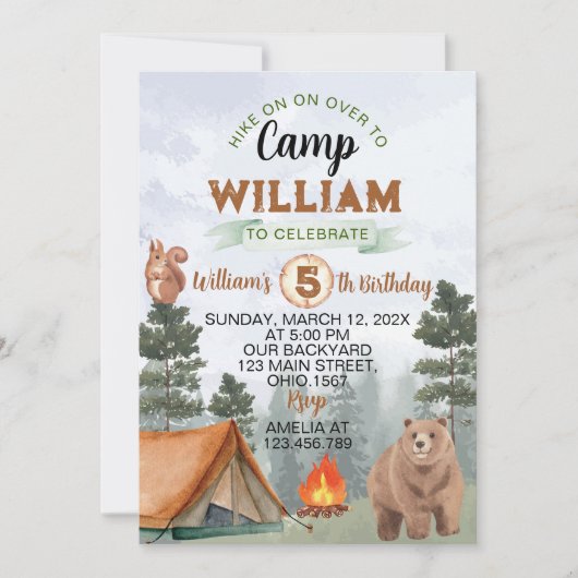 Carte d'invitation d'anniversaire Campement Boisé (Devant)